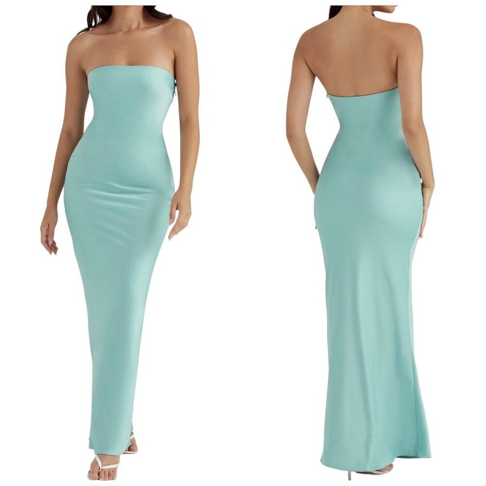 House of CB Alette Jade Strapless Satin Maxi Dress Medium NWT